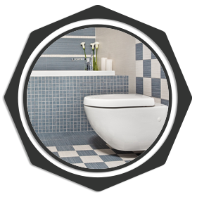 white toilet with checkered floor and wall