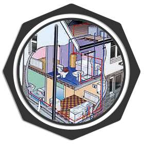 cartoon diagram of a home's plumbing system 